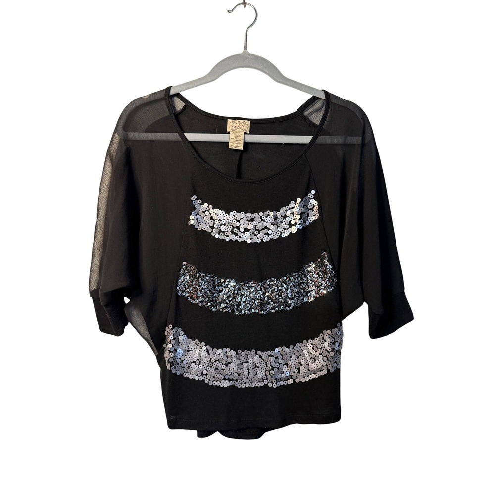 Eyelash Couture Top‎ Black Silver Sequin Mesh Batwing Sleeve Y2K Party Women XS